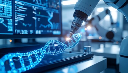 Illuminated DNA Strand is Studied by an Advanced Robotic Arm in a Modern Laboratory Setting