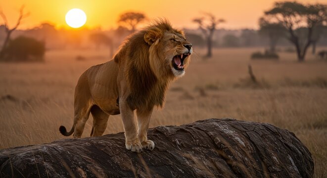 Majestic lion at sunrise in African savanna
