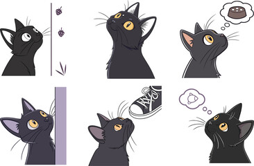 Cute Black Cat Head and Shoulders with Amber Eyes on Light Purple Background  Flat Vector Style