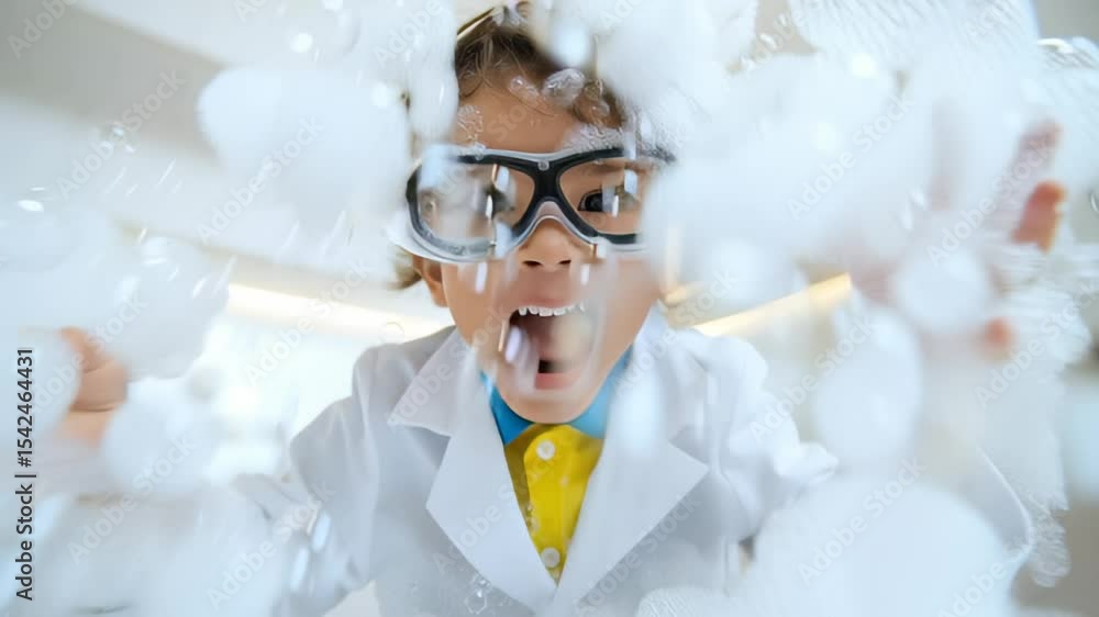 Aufkleber child wearing safety goggles and lab coat enthusiastically engages with bubbles while shouting. brig