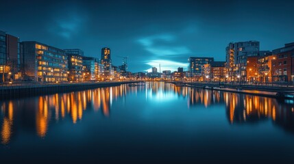 Fototapeta premium Cityscape at twilight reflecting on a calm river