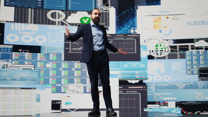 Public speaker CEO hosting business presentation to share a vision, discuss about new growth...