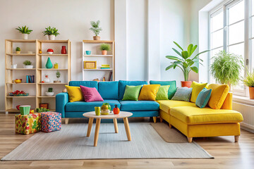 Vibrant Modern Living Room Interior Design with Colorful Sofa and Shelving