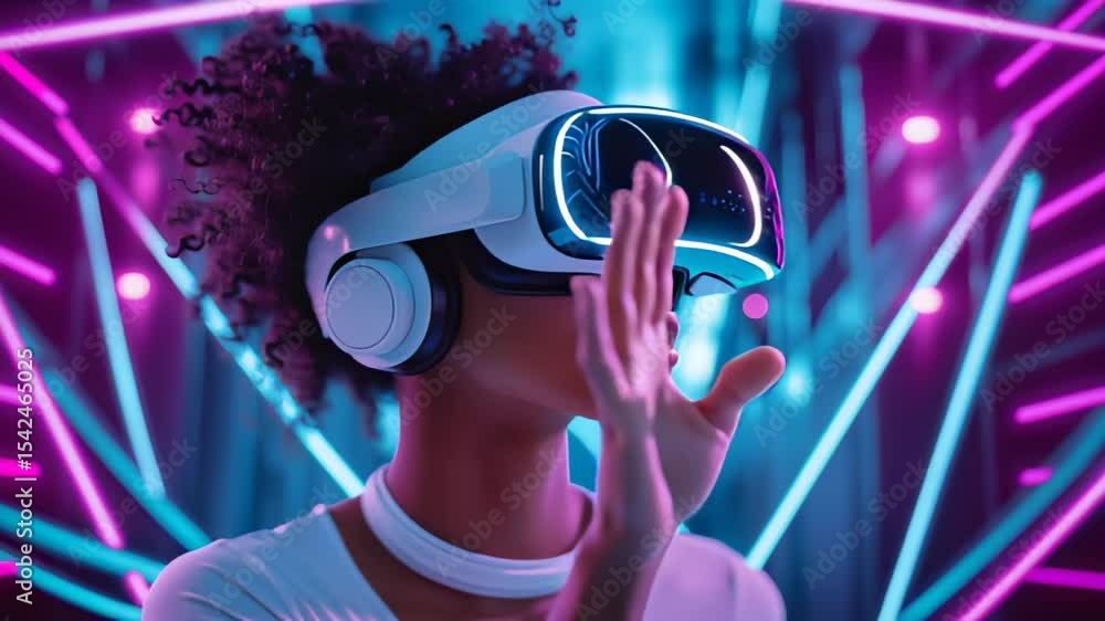 Poster person engages with virtual reality headset in a colorful neon-lit environment. dynamic atmosphere c