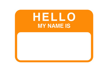 Hello my name is sticker tag. Sticker name tag isolated on transparent background. Orange theme. 