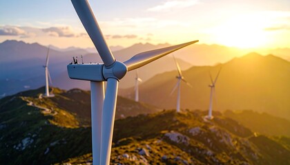 Several wind turbines stand tall on a mountaintop during a vivid sunset, producing clean energy.