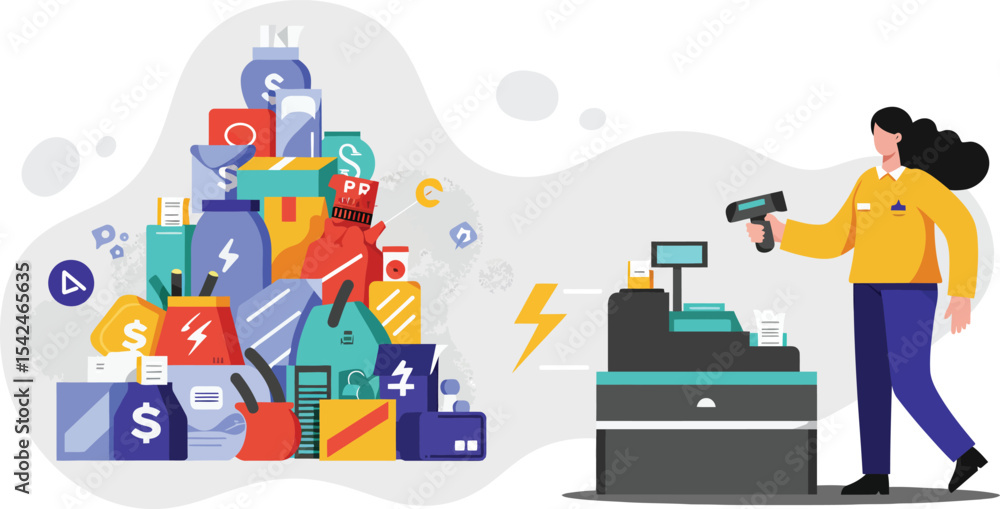 Poster woman scanning groceries at checkout counter with large digital shopping icons and symbols surroundi