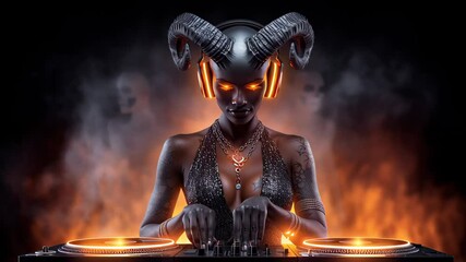 A dynamic DJ commands the decks with focus and confidence. Fiery backdrop enhances the energy of the performance. Concept of music industry, nightlife, entertainment