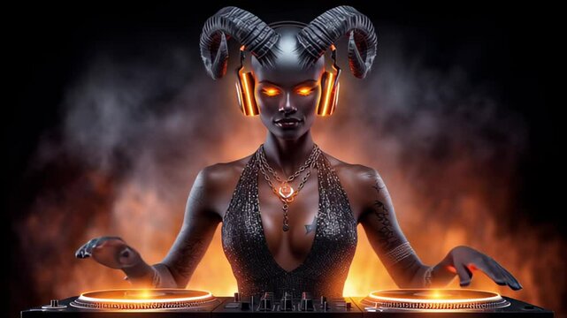 Futuristic DJ with ram horns mixes music at turntables while glowing eyes and fiery background create an intense atmosphere. Concept of nightlife, music events, entertainment