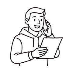 Man Talking On Phone While Reading Paper Document In Hoodie.