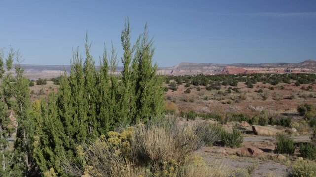 Panoramic view of the red rocks at Ghost Ranch from the Army Corps of Engineers&rsquo; Abiquiu Lake in northern New Mexico, USA