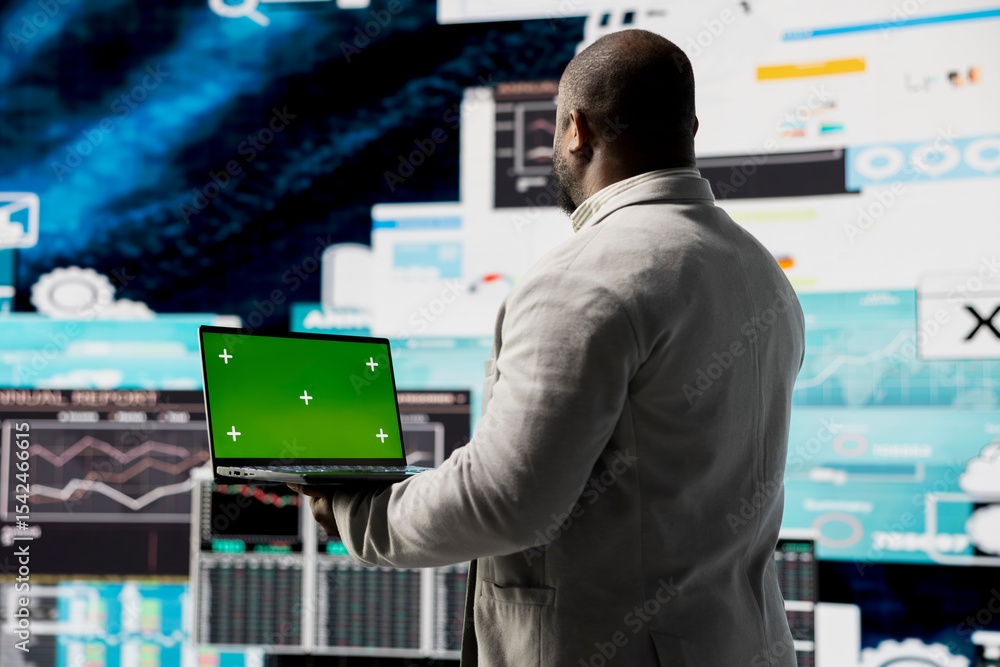 Poster black executive manager studying copy space screen with data insight for business growth, surrounded