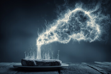 steak on plate emitting smoke, meat and climate impact symbol