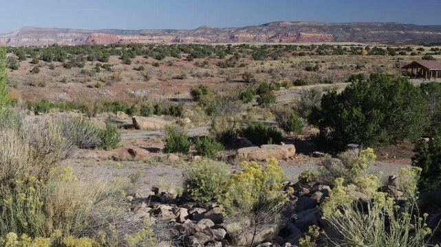 View of the red rocks at Ghost Ranch from the Army Corps of Engineers&rsquo; Abiquiu Lake in northern New Mexico, USA