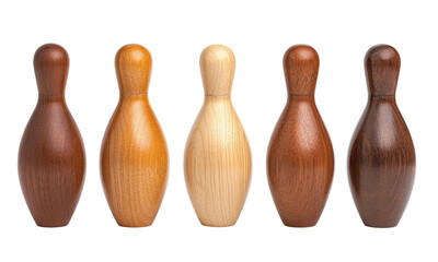 Five wooden bowling pins standing upright different wood finishes isolated on transparent background.