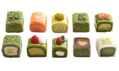 Green matcha roll cakes assorted varieties with isolated on transparent background.