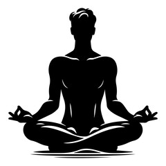 A black and white silhouette of a man sitting in the lotus position during meditation on a white isolated background. Vector graphics. EPS.