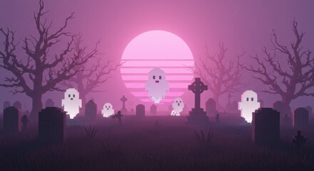 Vaporwave Graveyard with Pixelated Ghosts