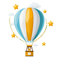 Cartoon hot air balloon illustration flying with stars and clouds. Transparent background.
