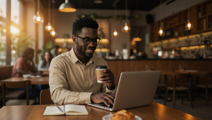 Smiling black male entrepreneur working on laptop in cafe with coffee cup. Young African American man enjoying work session at coffee shop. Friendly cafe setting, productive remote work.