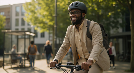 Smiling black male in helmet riding bike on city street. Happy young African American man in beige business casual suit cycling by bicycle. Healthy active lifestyle, sustainable transport.