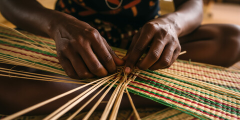 Hands weaving a traditional mat with natural fibers. Close up of Malagasy handicraft.