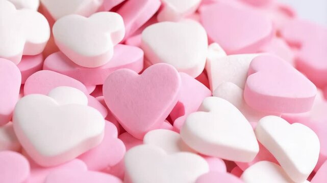 Pile of pink and white heart shaped candies close up, romantic pastel color confection for Valentine's Day celebration