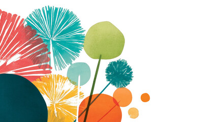 Abstract shapes and plant forms are arranged on a transparent background.