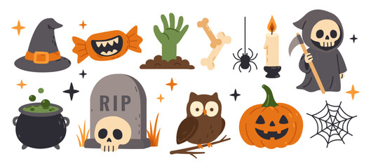 Halloween set of witch hat, candy with teeth, zombie hand, candle, skeleton, pumpkin, gravestone, spider, cauldron, owl. For children’s products, party invitations, scrapbooking, prints, merchandise