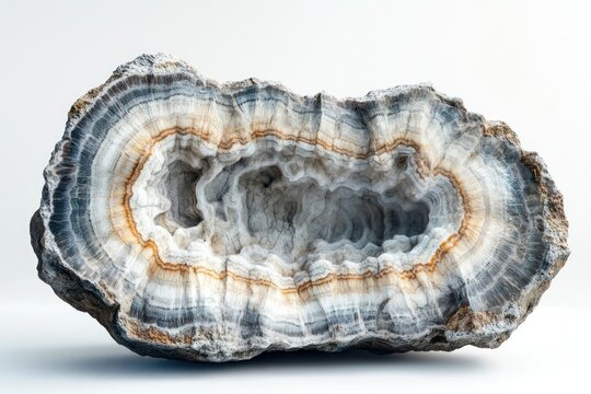 Striking banded agate geode with a hollow center, displaying layers of white, grey, blue and brown mineral deposits.