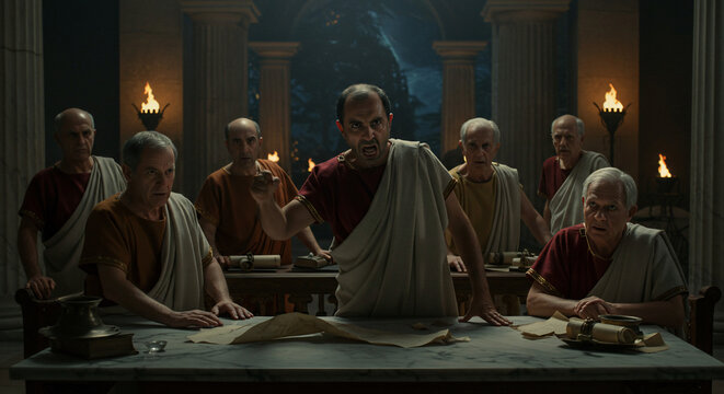 The Council: A gathering of senators in ancient times, the flickering candlelight casts shadows on solemn faces as they debate within the grandeur of a stone hall. 