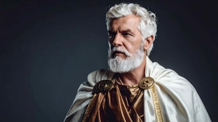 Portrait of an older man with a white beard and hair wearing a golden and white toga looking thoughtfully to the side - Powered by Adobe