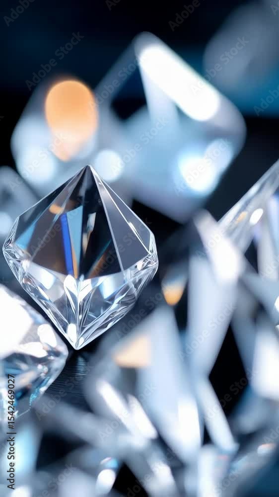 Poster close-up of glistening and shimmering clear diamonds arranged on dark surface, reflecting light with