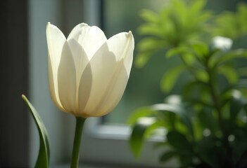 Radiant White Tulip Illuminated in Sunlit Room
