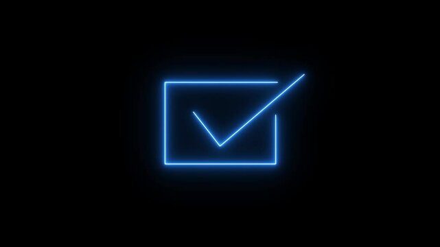 Check mark inside a rectangle animated. glowing neon line check mark icon animation. tick mark, done, complete .and success animated.blue and black background.