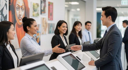 Office team having a conversation near entrance.