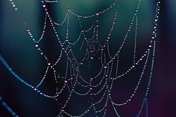 Fototapeta premium A spiderweb glistening with water droplets, set against a blurred background, showcasing nature's fragile beauty.