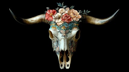 A decorated bull skull with flowers on a black background in a decorative and artistic style