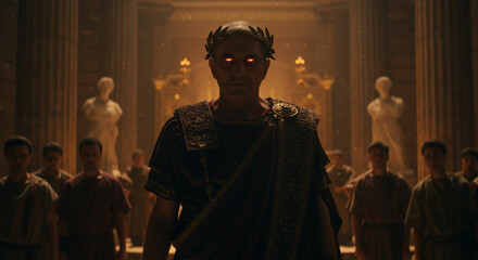 Obraz premium Ancient Roman Emperor: A powerful, ominous image of an ancient Roman emperor, his eyes glowing red, standing before a crowd of onlookers within a grand temple. The scene is dark and dramatic.