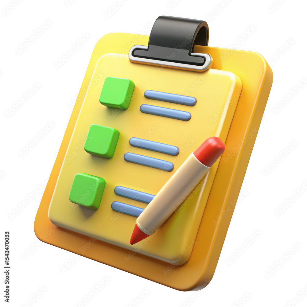 Poster 3d rendered checklist icon a yellow clipboard with a checklist and pencil isolated on transparent ba