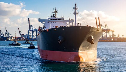 A large oil tanker is being guided into a busy port by several tugboats on a clear, sunny day.