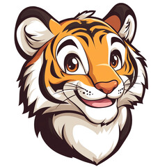 Obraz premium Adorable Cartoon Tiger Head, Happy Smiling Big Cat Face, Friendly Wild Animal Vector Illustration, Perfect for Kids, Logos, and Branding