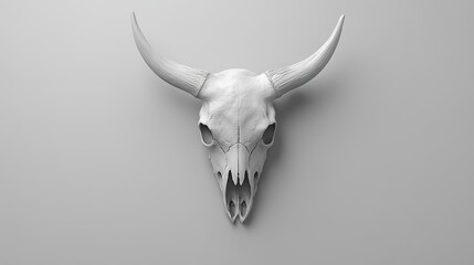 A monochrome image showcasing a detailed bull skull with prominent horns against a plain gray background