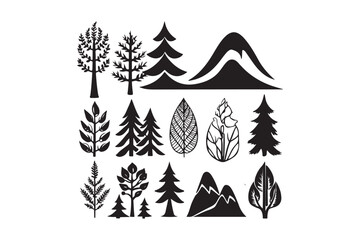 Obraz premium Tree and Leaf Silhouette Vector Set with Mountain Elements for Nature Design