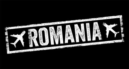 Fototapeta premium Romania - is a country located at the crossroads of Central, Eastern, and Southeast Europe, text emblem stamp with airplane