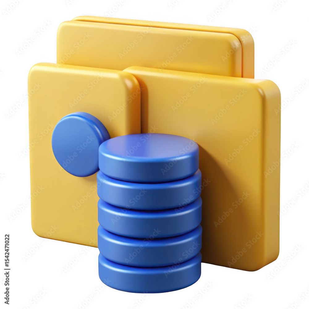 Poster 3d rendered abstract data storage icon yellow folders and blue database disks isolated on transparen