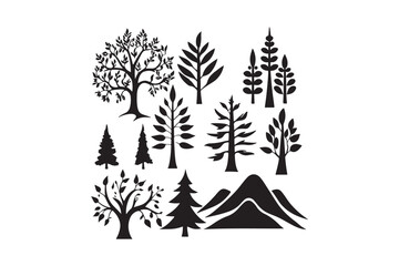 Obraz premium Tree and Mountain Silhouette Vector Collection with Nature Elements