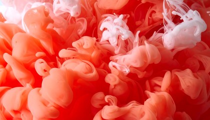 Swirling, ethereal blend of coral and white paints creates a dynamic and abstract composition.
