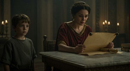Ancient Roman Mother and Son: A solemn Roman matron reads an ancient scroll, her young son standing beside her, their expressions reflecting a moment of historical significance.