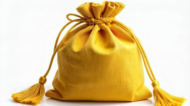 Isolated yellow drawstring pouch with tassels for storage, presentation or gift-giving, against a white background and tabletop surface